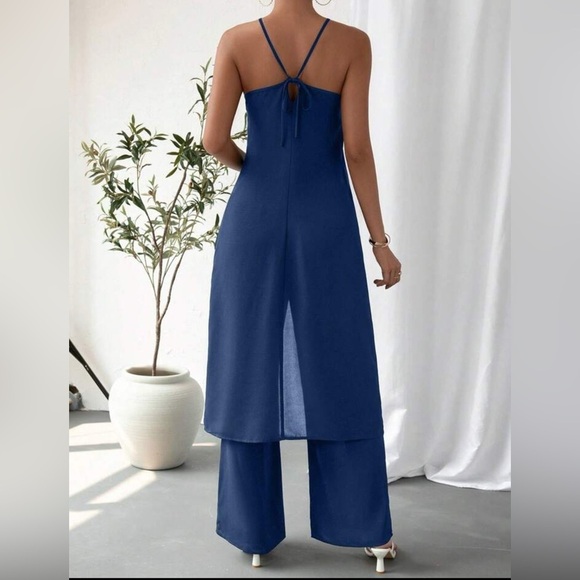 Shein Essnce Womens 2 Piece Split Hem Halter Top & Wide Leg Pants Size L Blue - Picture 3 of 16